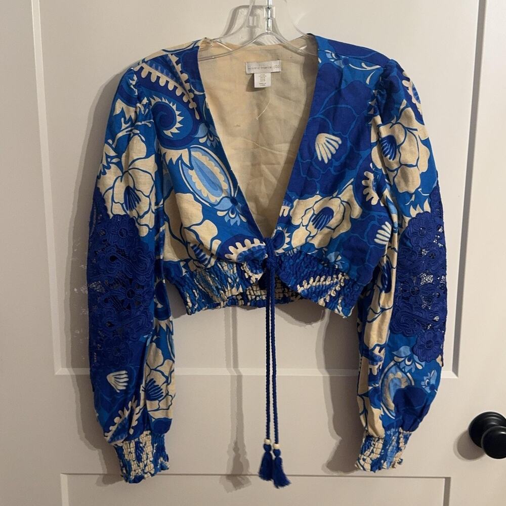 Floral Wrap Crop Blouse Womens S Blue Crochet Balloon Sleeve Tassel Boho Top